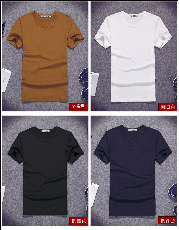 2019夏季男士短袖T恤V領純色體恤打底衫緊身半袖大碼男裝純黑色潮(圖28)