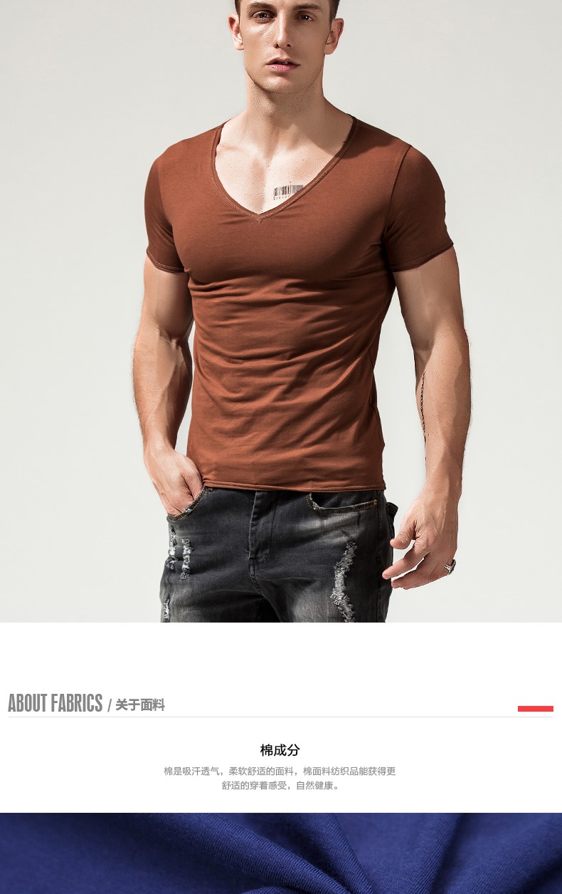 大V領T恤男棉短袖緊身男士低領打底衫個性潮流深V體恤男上衣夏季(圖17)